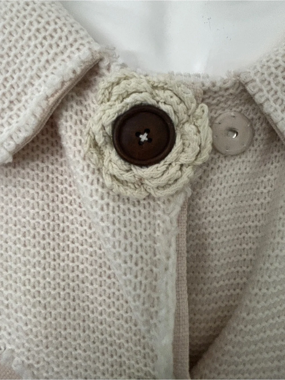 Girls' Cream Knit-Trim Beige/Cream Coat with Ruffle Pockets